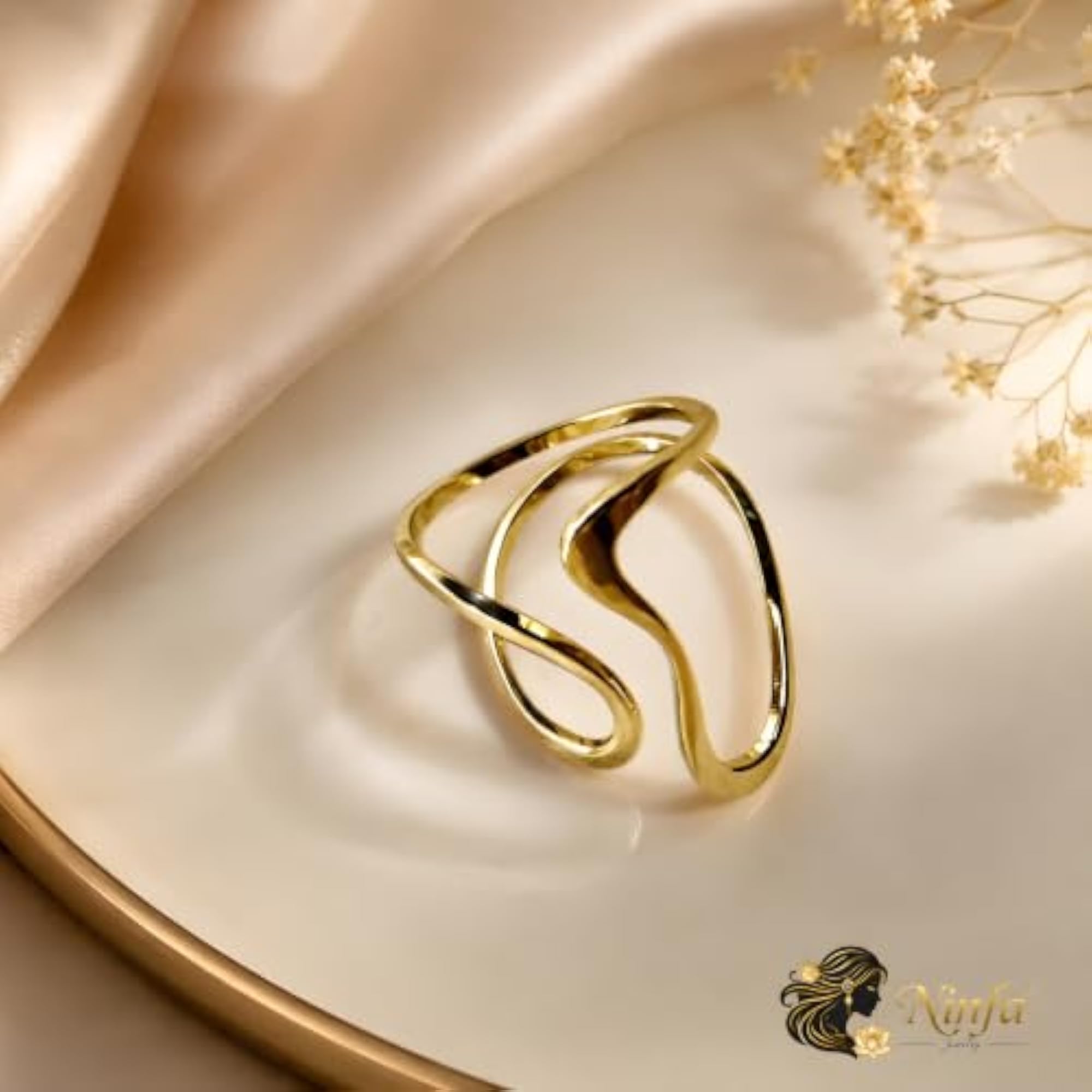 Gold-Plated Abstract Wave Design Adjustable Statement Ring